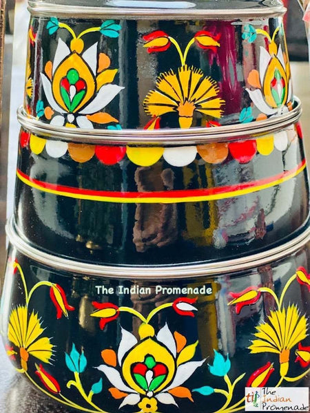 3 Tier Black Hand Painted Enamelware Stainless Steel Tiffin