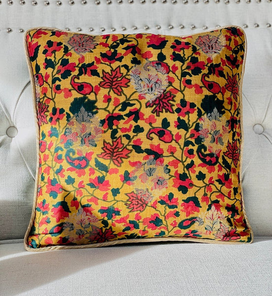 Printed Chanderi with Subtle Gold Weave Cushion Cover- Mustard