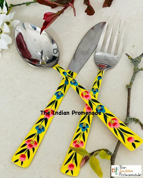 Hand-painted Floral Kashmir Enamelware Cutlery set of 18- Yellow