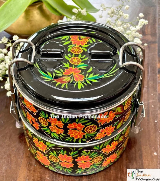 2-Tier HandPainted Kashmir Enamelware Stainless Steel Tiffin-Black/Orange