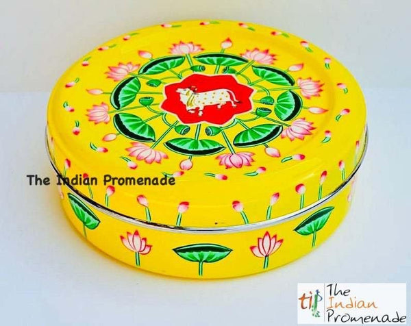 Hand Painted Pichwai art Inspired Enamelware Masala Dani (Spice Box) Yellow