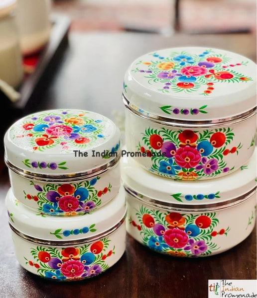 Set of 4 hand Painted Enamelware steel container-White