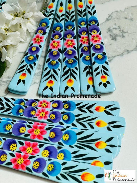 Hand-painted Floral Kashmir Enamelware Cutlery set of 18- Turquoise Blue