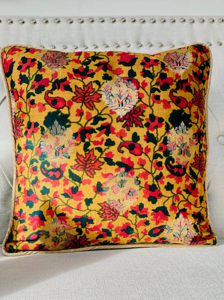 Printed Chanderi with Subtle Gold Weave Cushion Cover- Mustard