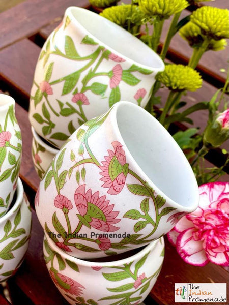 Glazed Kulhad Chai Glasses-Floral Green , set of 6