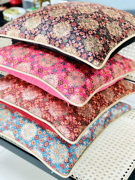 Patola Print Cushion Cover with Subtle Gold Weave - Teal/Turquoise