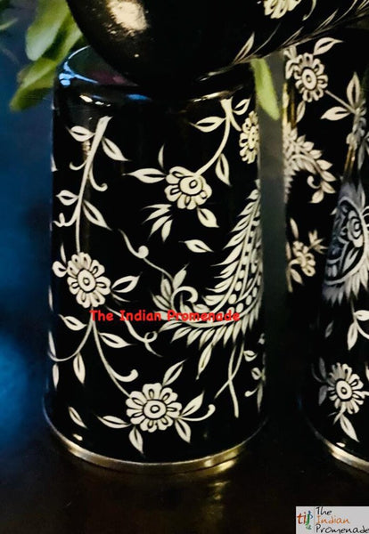 Black Paisley Hand Painted Kashmir Enamelware Stainless Steel Tumblers ( set of 4)