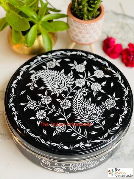 Hand Painted Paisley Enamelware Masala Dani (Spice Box) -Black