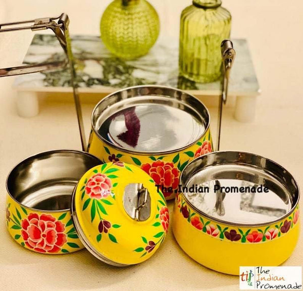 3 Tier Black Hand Painted Enamelware Stainless Steel Tiffin