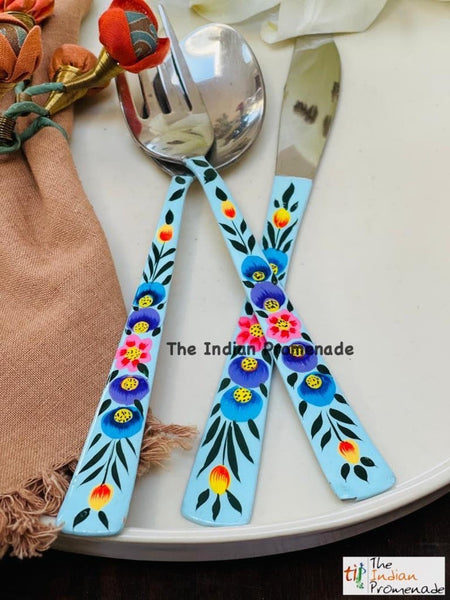 Hand-painted Floral Kashmir Enamelware Cutlery set of 18- Turquoise Blue