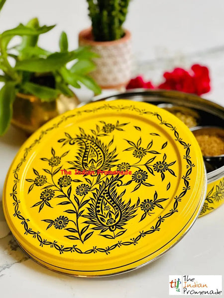 Hand Painted Paisley Enamelware Masala Dani (Spice Box)-Yellow