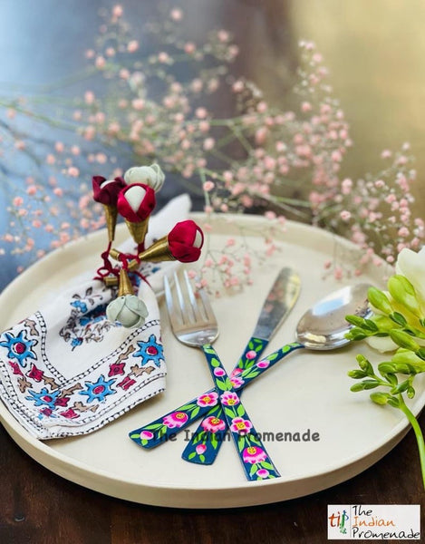 Hand-painted Floral Kashmir Enamelware Cutlery set of 18- Midnight Blue