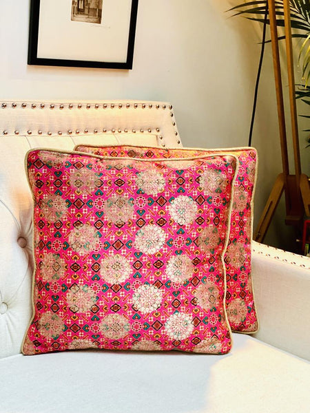 Patola Print Cushion Cover with Subtle Gold Weave - Pink