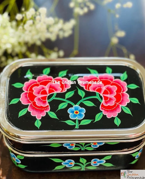 Hand Painted Enamelware Stainless Steel 2 tier Lunch Box /Lunch Tin (Black)