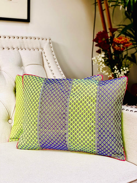 Patchwork Cushion Cover in Double Shades - Parrot Green/ Blue