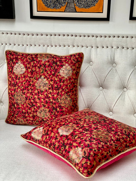 Printed Chanderi with Subtle Gold Weave Cushion Cover- Red