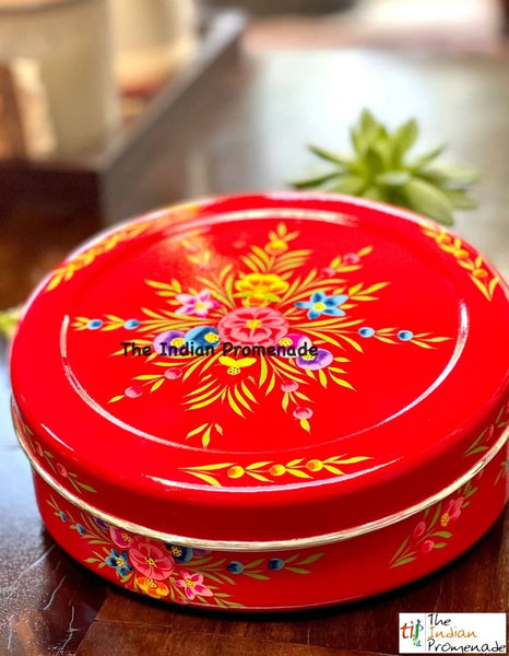 Red Hand-painted Kashmiri enamelware cookie container