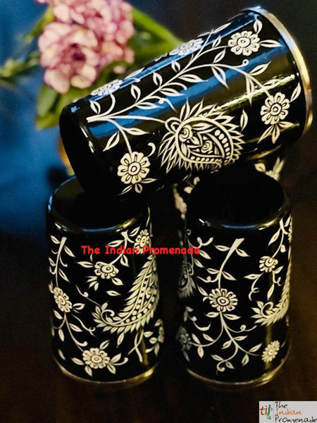 Black Paisley Hand Painted Kashmir Enamelware Stainless Steel Tumblers ( set of 4)