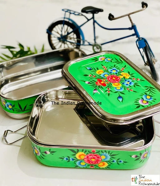 Hand Painted Enamelware Stainless Steel 2 tier Lunch Box/Lunch Tin  (Green)