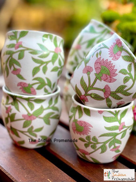 Glazed Kulhad Chai Glasses-Floral Green , set of 6