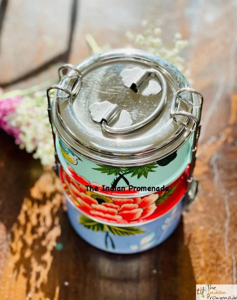 3 Tier Hand Painted Kashmir Enamelware Stainless Steel Tiffin ( Multicolour with birds)