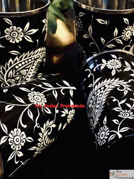 Black Paisley Hand Painted Kashmir Enamelware Stainless Steel Tumblers ( set of 4)