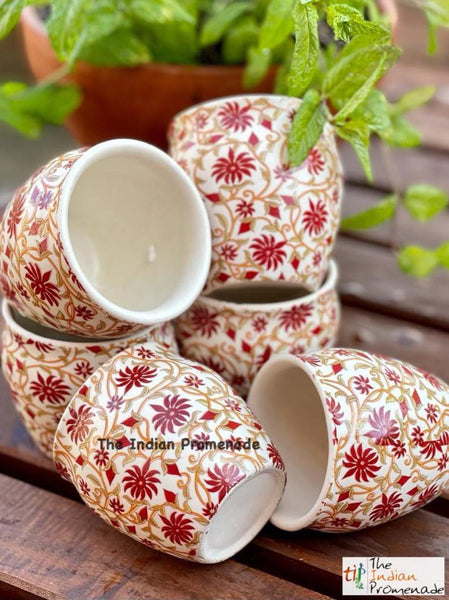 Glazed Kulhad Chai Glasses-Floral Red , set of 6