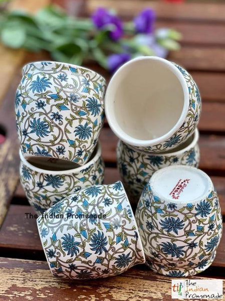 Glazed Kulhad Chai Glasses-Floral Blue , set of 6