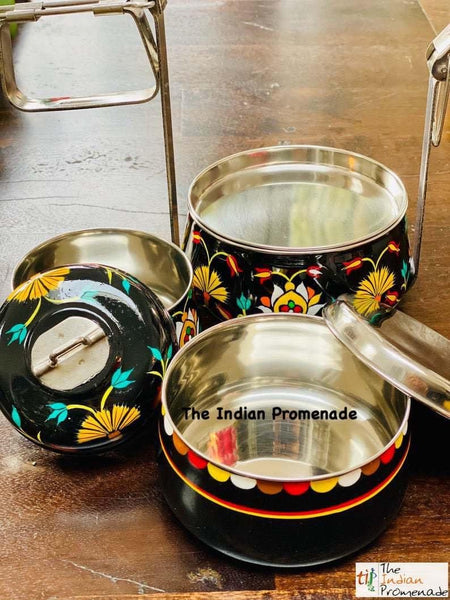 3 Tier Black Hand Painted Enamelware Stainless Steel Tiffin