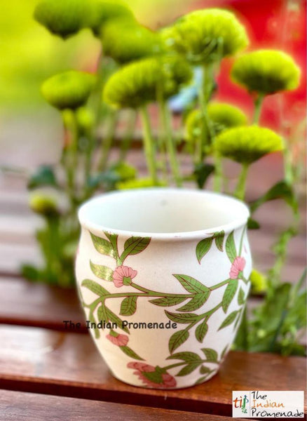 Glazed Kulhad Chai Glasses-Floral Green , set of 6