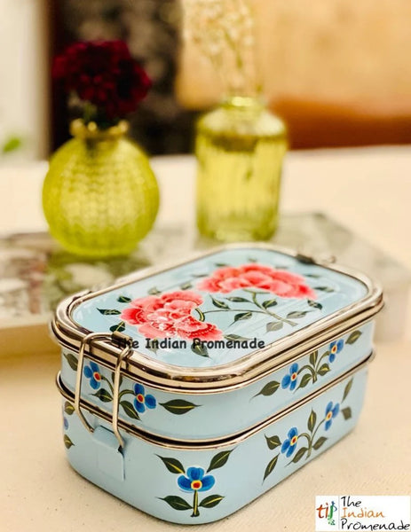 Hand Painted Enamelware Stainless Steel 2 tier Lunch Box /Lunch Tin ( Blue)