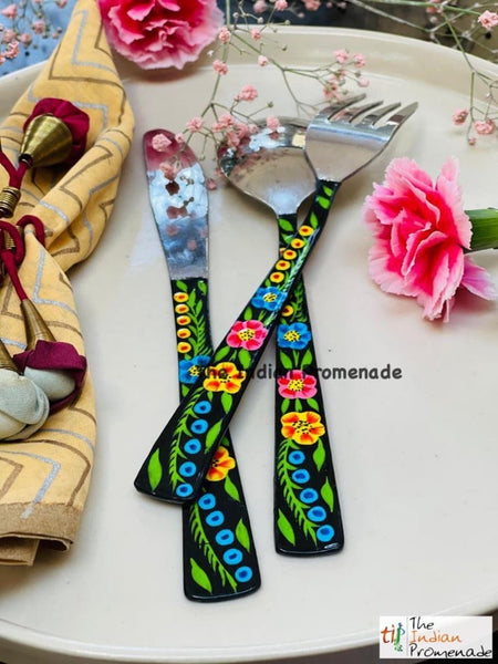 Hand-painted Floral Kashmir Enamelware Cutlery set of 18- Black