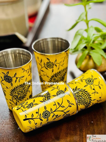 Yellow Paisley Hand Painted Kashmir Enamelware Stainless Steel Tumblers ( set of 4)
