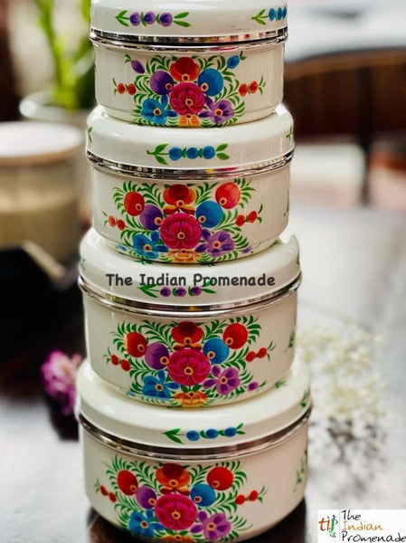 Set of 4 hand Painted Enamelware steel container-White