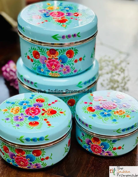 Set of 4 Hand Painted Enamelware steel containers - Blue