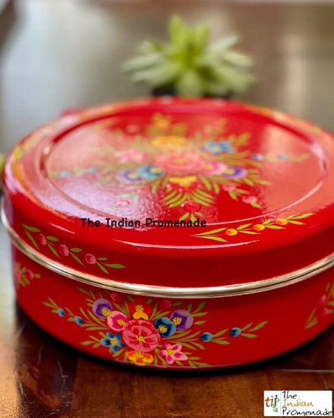 Red Hand-painted Kashmiri enamelware cookie container