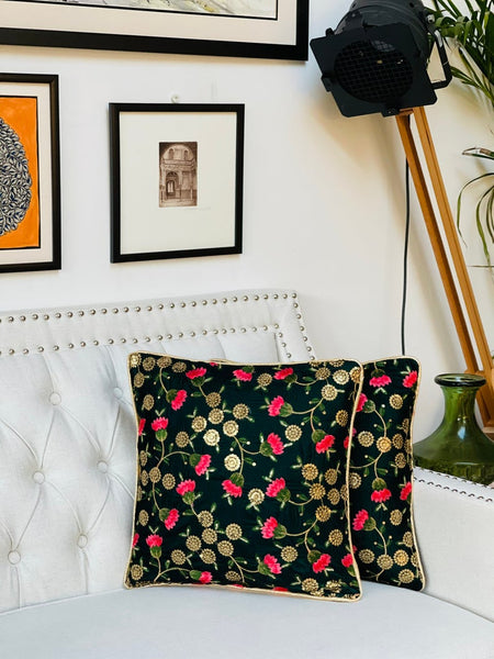 Green Velvet with Floral Embroidery and Sitara work Cushion Cover