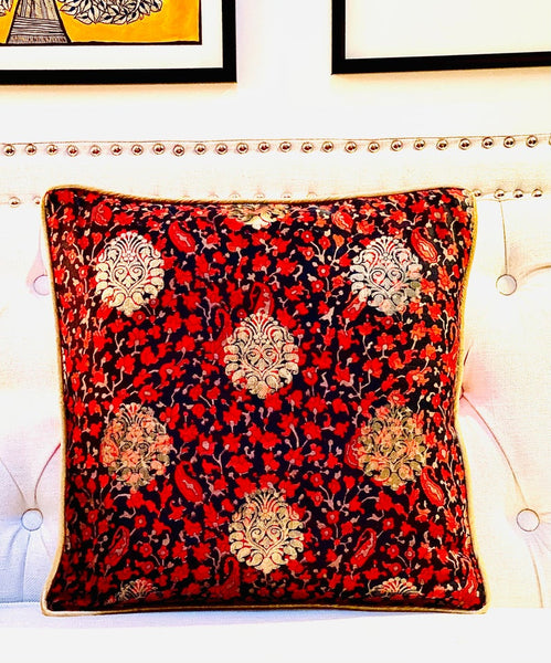 Printed Chanderi with Subtle Gold Weave Cushion Cover- Black& Red