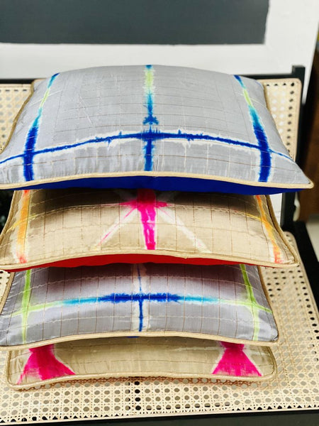 Pure Silk Tie & Dye Cushion Cover with Subtle Gold Zari Stripes- Grey