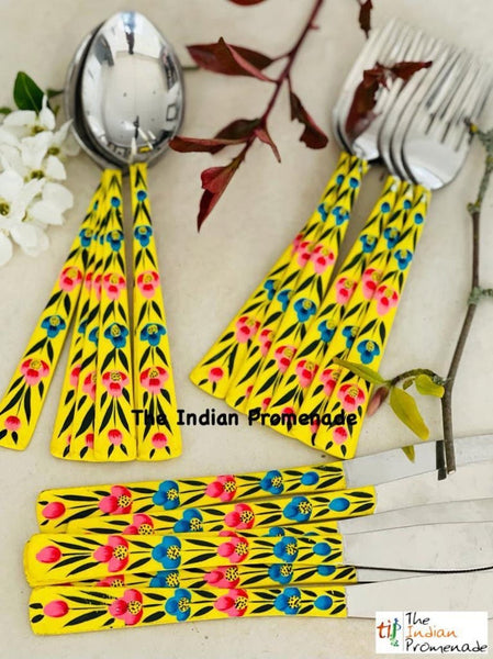 Hand-painted Floral Kashmir Enamelware Cutlery set of 18- Yellow