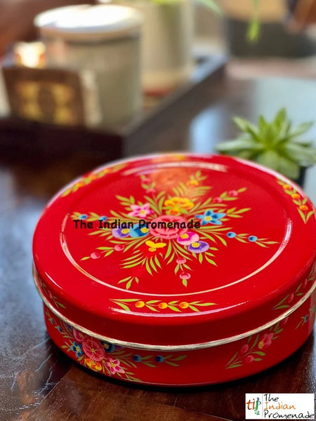 Red Hand-painted Kashmiri enamelware cookie container