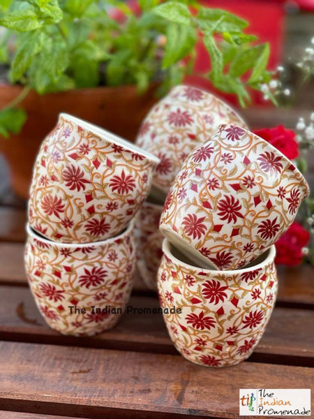 Glazed Kulhad Chai Glasses-Floral Red , set of 6