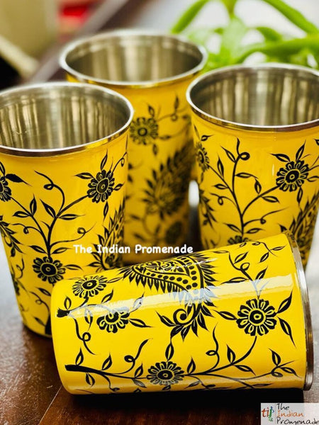 Yellow Paisley Hand Painted Kashmir Enamelware Stainless Steel Tumblers ( set of 4)