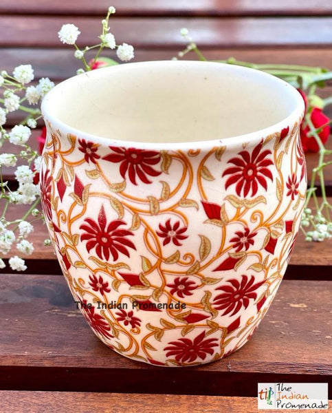 Glazed Kulhad Chai Glasses-Floral Red , set of 6