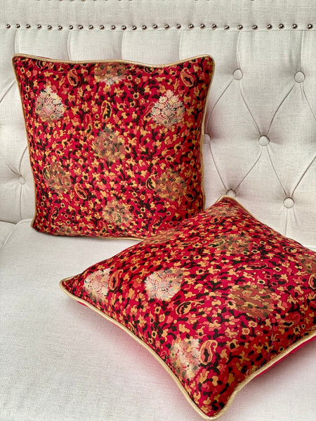 Printed Chanderi with Subtle Gold Weave Cushion Cover- Red