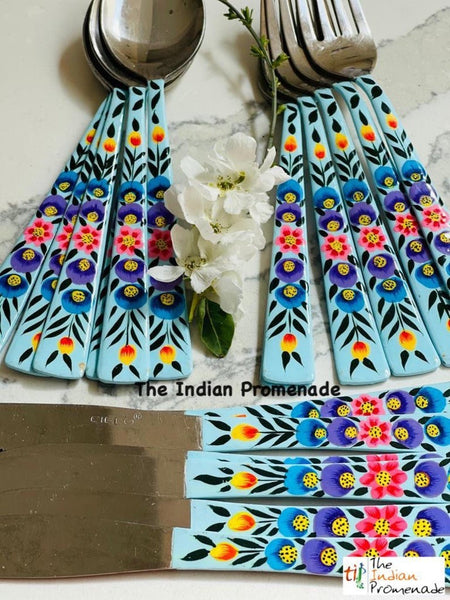 Hand-painted Floral Kashmir Enamelware Cutlery set of 18- Turquoise Blue