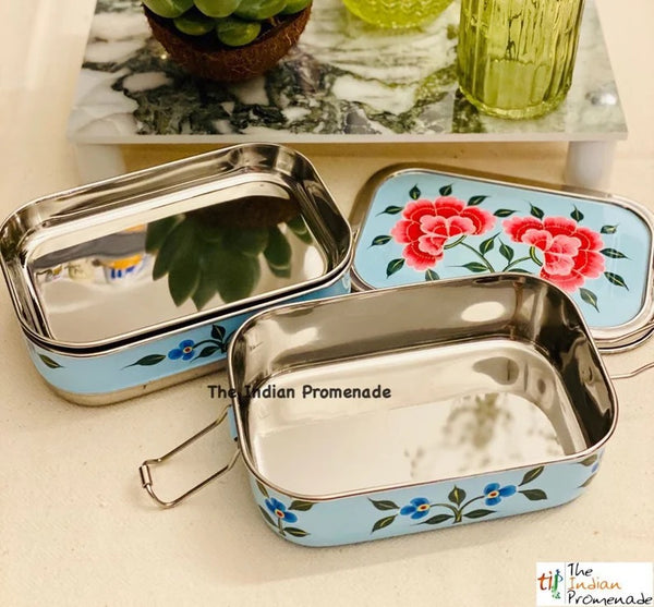 Hand Painted Enamelware Stainless Steel 2 tier Lunch Box /Lunch Tin ( Blue)