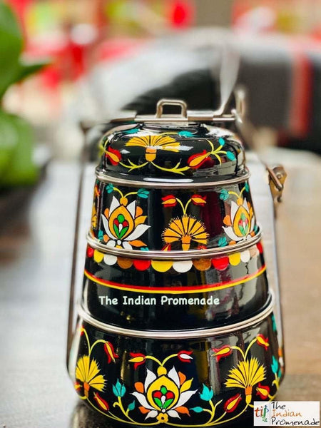 3 Tier Black Hand Painted Enamelware Stainless Steel Tiffin