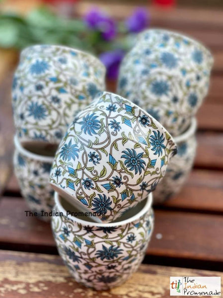 Glazed Kulhad Chai Glasses-Floral Blue , set of 6