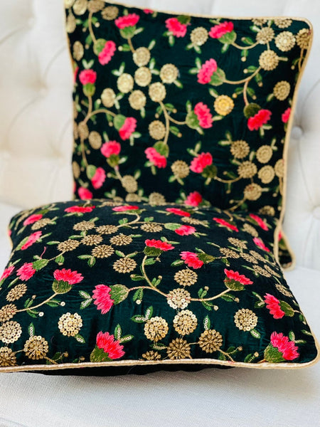 Green Velvet with Floral Embroidery and Sitara work Cushion Cover